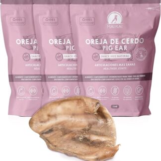 MAIKAI Confezione da 3 Pezzi Orecchie di Maiale per Cani - Premietti Naturali 100% Essiccati Interi -Masticativi per Denti Sani - Snack per Cani Taglia Media e Grande + Dieta Barf