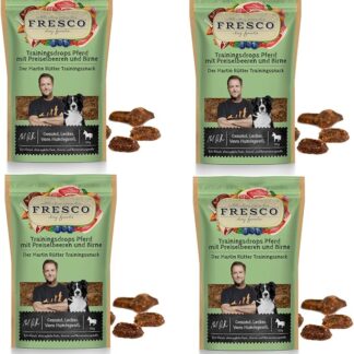 Fresco Martin Rütter - Gocce da allenamento per cavallo, con mirtilli rossi e pera, confezione da 4 pezzi | 4 x 150 g | spuntino monoproteico naturale per cani | ricetta senza cereali