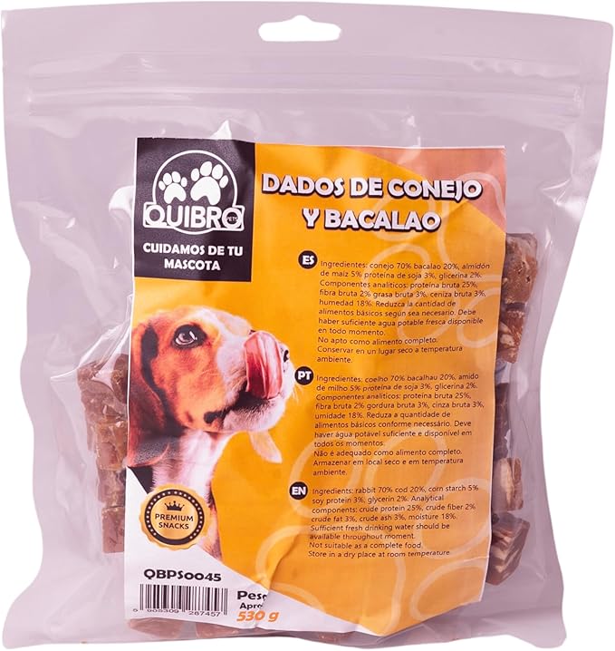 Quibropets Dadi di coniglio e merluzzo per cani – ciambelle per cani, premi naturali senza cereali, snack per animali domestici, premi disidratati, 530 g