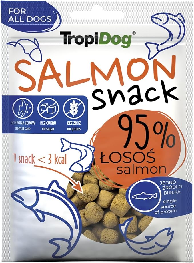Snack per cani monoproteici con il 95% di salmone, senza cereali e conservanti, ideale per l'addestramento e l'igiene orale - TropiDog Snack Salmon 70g