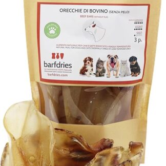 barfdries Orecchie di Bovino senza pelo, alimento naturale per Cani e Gatti essiccato a bassa temperatura. Confezione da 3 pezzi