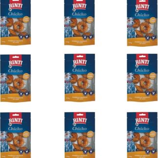 Rinti Chicko piccoli anelli da masticare | Confezione da 9 | 9 x 150 g | Fatto di pelle di manzo resistente ricoperta di carne di pollo | Corpo pulente a base di minerali | Richiudibile