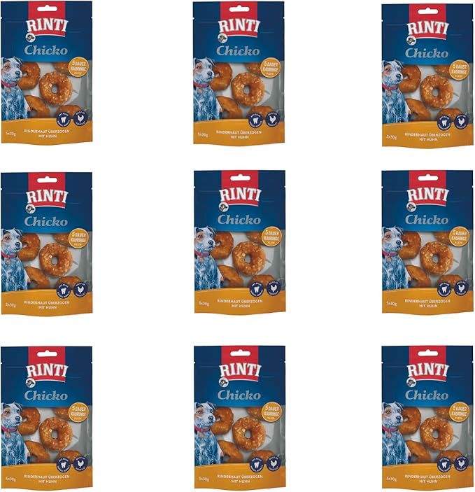 Rinti Chicko piccoli anelli da masticare | Confezione da 9 | 9 x 150 g | Fatto di pelle di manzo resistente ricoperta di carne di pollo | Corpo pulente a base di minerali | Richiudibile