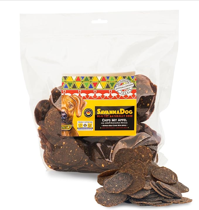 SavannaDog Chip con mela, 800 g, per cani, senza cereali e ipoallergenici, per cani con carne di struzzo, per cani con fibre preziose