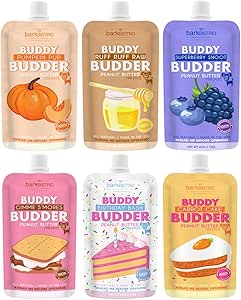 BUDDY BUDDER Bark Bistro Company - Confezione da 6 confezioni di aromi misti, burro di arachidi naturale al 100% per cani, snack sani per cani con burro di arachidi, prodotti negli Stati Uniti
