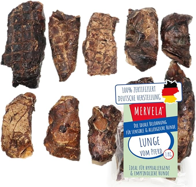 MERVELA Linguetta del cavallo 100% puro | 1.000 g | polmoni essiccati dal cavallo | qualità dalla Germania | ideale per cani ipoallergenici, allergici e sensibili