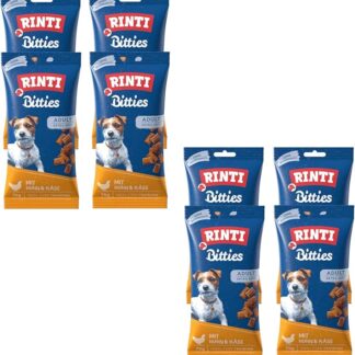 Rinti Bitties Pollo + Formaggio | Confezione da 8 | 8 x 75 g | Snack per cani adulti | Extra morbido | Senza zucchero & soia | Con prezioso Omega 3 | Ricco di carne fresca
