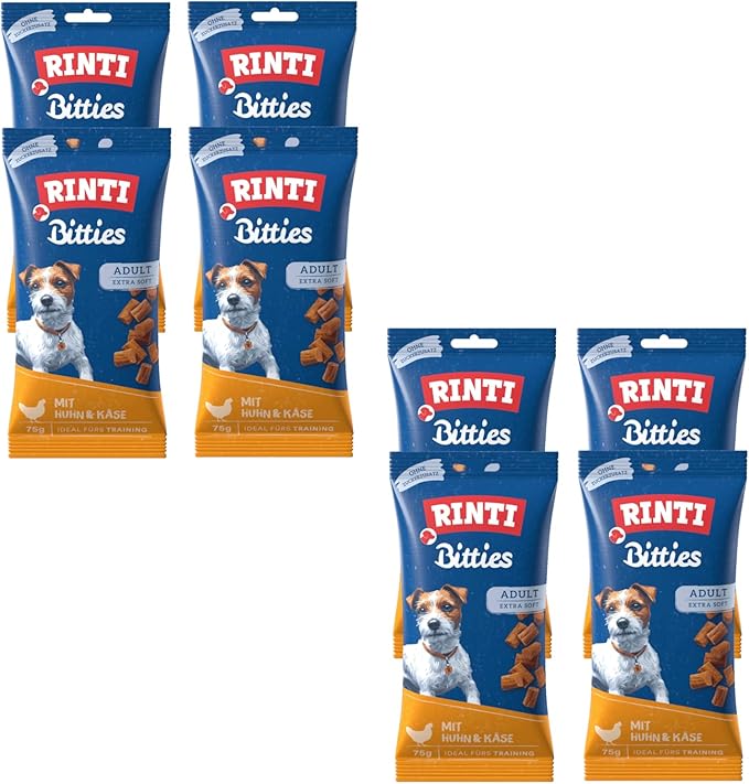 Rinti Bitties Pollo + Formaggio | Confezione da 8 | 8 x 75 g | Snack per cani adulti | Extra morbido | Senza zucchero & soia | Con prezioso Omega 3 | Ricco di carne fresca