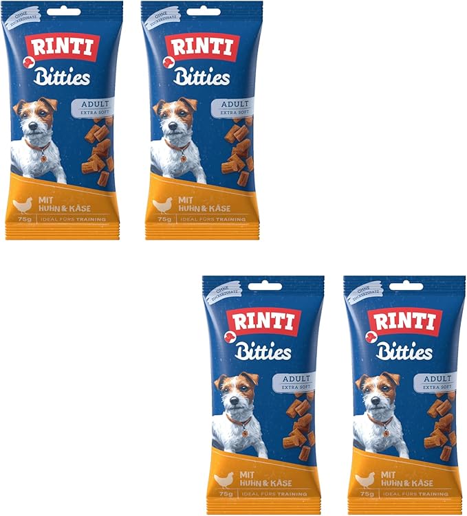 Rinti Bitties Pollo + Formaggio | Confezione da 4 | 4 x 75 g | Snack per cani adulti | Extra morbido | Senza zucchero & soia | Con prezioso Omega 3 | Ricco di carne fresca