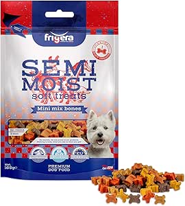Frigera Semi-Moist Soft Treats Mini Mix Ossa (9) 165g – Snack morbidi per cani, Deliziosa ricompensa per l'allenamento e tra i pasti, senza zuccheri aggiunti, prodotto in Belgio