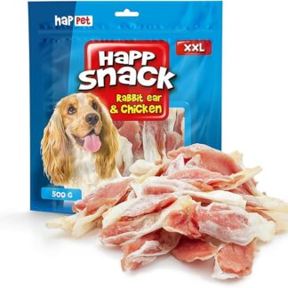 HAPPET Delizia per cani - Orecchie di coniglio avvolte di pollo 500 g, masticatori naturali ad alto contenuto proteico, sani, facilmente digeribili, favoriscono l'igiene orale e gengivale