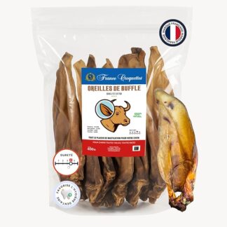 Orecchie di bufalo XXL per cani - 100% naturali, ricche di proteine (87,59%), a basso contenuto di grassi - dolcetto da masticare a lunga durata - qualità premium - senza additivi (1 x 400 g)