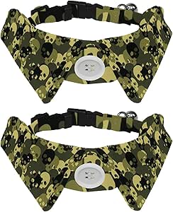Eslifey Confezione da 2 collari per cani con papillon e campana, motivo mimetico verde teschio, design regolabile, per gatti di piccola taglia