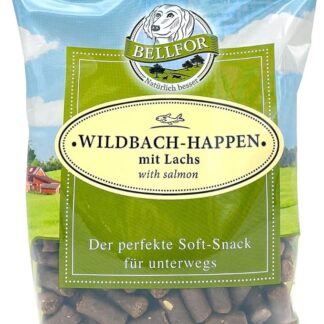 Bellfor Wildbach-Happen - Snack Morbidi per Cani con Salmone. Snack Senza Cereali, con Frutta e Verdura, Facili da Digerire. Biscotti ideali per Addestramento e Ricompensa - 200 g