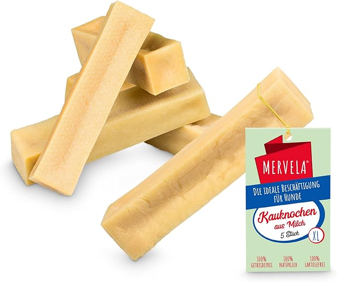 MERVELA Ossa da masticare, latte 100% naturale, senza lattosio, senza additivi, ossa da masticare a base di formaggio (cani di grossa taglia, 5 pezzi)