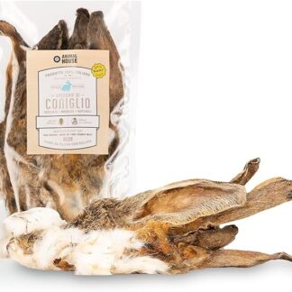 Animal House - Snack Naturale per Cani BARF alle Orecchie di Coniglio con Pelo, Delizia Proteica Italiana per una Masticazione Naturale e Nutriente (100 GR, ORECCHIE CONIGLIO CON PELO)
