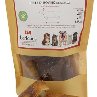 barfdries Pelle di Bovino senza pelo, alimento naturale per Cani e Gatti essicato a bassa temperatura. Confezione da 250 gr