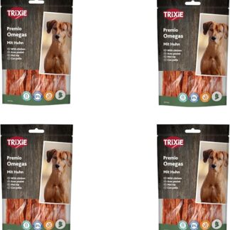 TRIXIE Premio Omega Stripes | Confezione da 4 | 4 x 100 g | Alimento complementare per cani con alto contenuto di carne di pollo | Ricco di acidi grassi essenziali Omega-3 e Omega-6