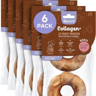 Record - Snack Premium per Cani Collagen+ Gusto Manzo. Ciambelle con alto valore proteico. Masticativi per cani ricchi di collagene. Senza coloranti, Confezione da 6 sacchetti da 100 g