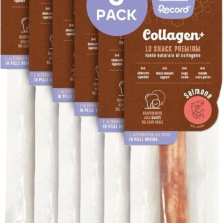 Record - Snack Premium per Cani Collagen+ Gusto Salmone con alto valore proteico. Masticativi per cani ricchi di collagene. Senza coloranti, Confezione da 6 sacchetti da 84 g|(L)