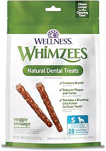 WHIMZEES - Salsiccia naturale per cani dentali di lunga durata, piccola, vegetariana, 28 pezzi