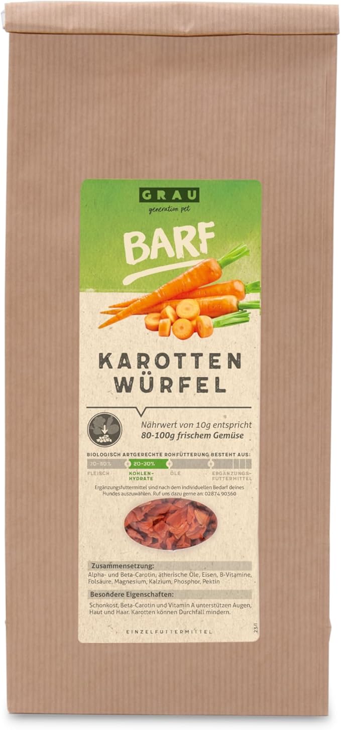 GRAU – l'originale – verdure essiccate per BARF per cani – cubetti di carota, confezione da 1 (1 x 500 g), alimento complementare per cani
