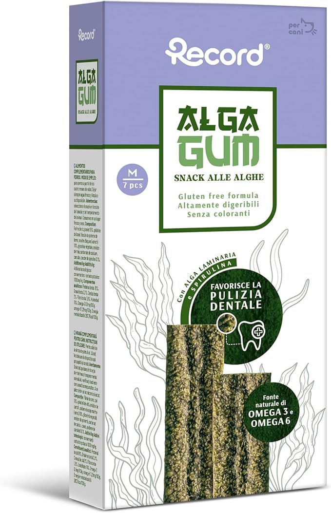 Record - Snack Dentali per Cani Alga Gum con Alga Laminaria e Spirulina, M,7 stick. Masticativi con Azione Antiplacca, Antitartaro e Contro l'Alitosi. Ricchi di Omega 3-6, Naturali e Gommosi