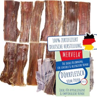 MERVELA® Carne di essiccazione naturale per cani | ipoallergenica | 100% cavallo | essiccata delicatamente | senza cereali | snack premium dalla Germania | 500 g