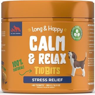 Long & Happy Calm and Relax - Dolcetti per alleviare lo stress per cani - Supporto per situazioni stressanti - Contiene Valeriana, Melissa e Ashwagandha - 180 g - 60 pezzi