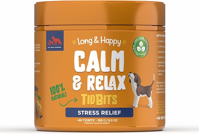 Long & Happy Calm and Relax - Dolcetti per alleviare lo stress per cani - Supporto per situazioni stressanti - Contiene Valeriana, Melissa e Ashwagandha - 180 g - 60 pezzi