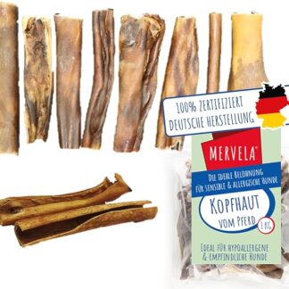 MERVELA Pelle di cavallo senza pelo, 100% cavallo | 1 kg | qualità dalla Germania | pezzi da 12 cm | cavalli deliziosi | ideale per cani allergici ipoallergenici