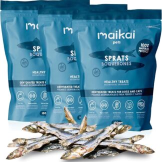 MAIKAI Confezione da 3x100g Snack Naturali per Cani+Gatti - Pesce Essiccato Spratti 100% Naturale - Ricco di Omega 3+6 - BARF - Senza Glutine+Conservantig - Regalo