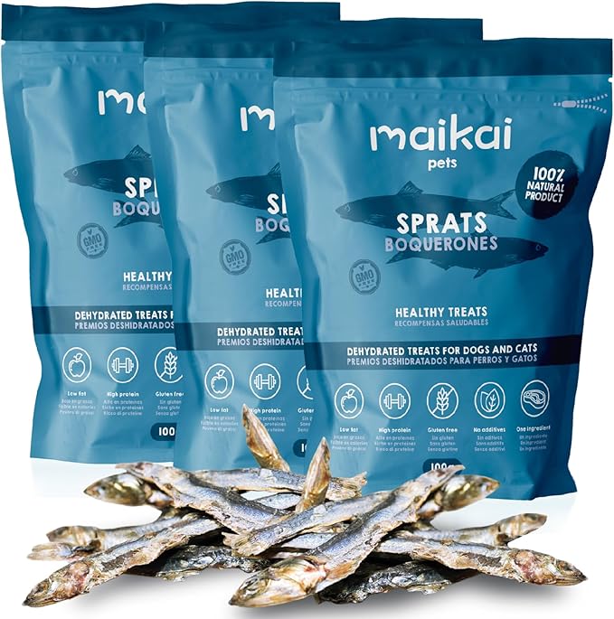 MAIKAI Confezione da 3x100g Snack Naturali per Cani+Gatti - Pesce Essiccato Spratti 100% Naturale - Ricco di Omega 3+6 - BARF - Senza Glutine+Conservantig - Regalo