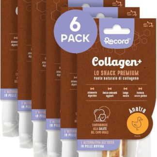 Record - Snack Premium per Cani Collagen+ Gusto Anatra con alto valore proteico. Masticativi per cani ricchi di collagene. Senza coloranti, Confezione da 6 sacchetti da 50 g|(M)