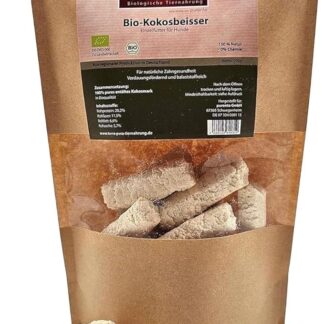 Spuntino biologico di cocco (200 grammi), snack per cani di qualità biologica, pulisce i denti, può aiutare contro l'infestazione da zecche e previene l'infestazione da vermi. Terra Pura