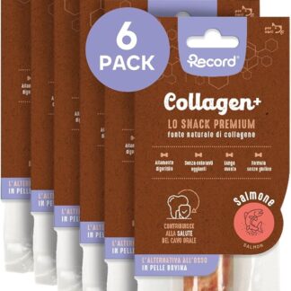 Record - Snack Premium per Cani Collagen+ Gusto Salmone con alto valore proteico. Masticativi per cani ricchi di collagene. Senza coloranti, Confezione da 6 sacchetti da 50 g|(M)
