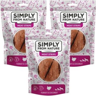 SIMPLY FROM NATURE Meat Strips - Strisce di carne con tacchino e cocco per cani, 3 x 80 g