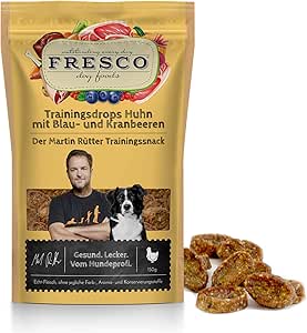 Fresco Dog Martin Rütter - Gocce di pollo con mirtilli e mirtilli, 150 g, carne di pollo per cani, spuntino monoproteico naturale, sano e naturale