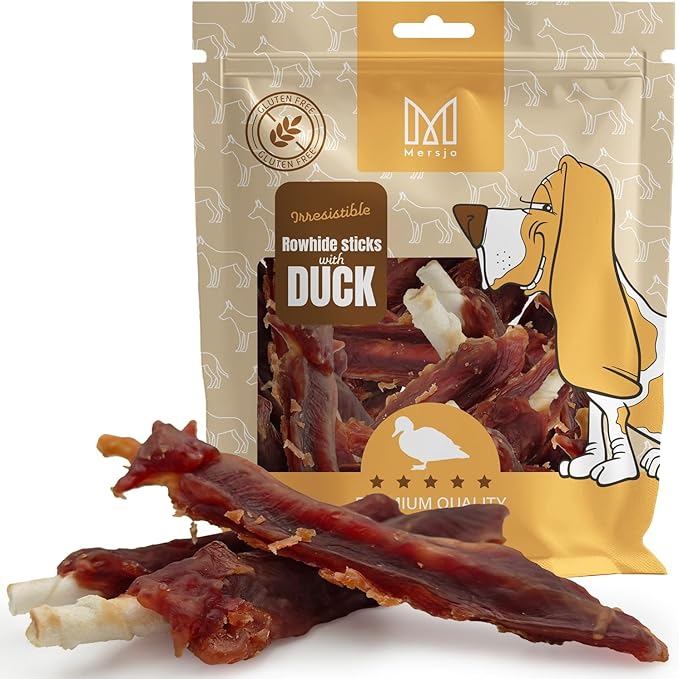 Mersjo Premium - Bastoncini da masticare per cani, 500 g, senza glutine, 61% anatra, 16-18 cm