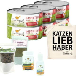 I love my cat Set risparmio per cibo umido e snack morbidi con insetti, integratore alimentare e cura degli occhi, gocce e polvere dentale contiene abbastanza proteine ed è privo di cereali 0,775 kg