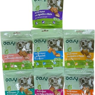 Oasy snack biscotti ripieni di mousse per cani cuccioli e adulti PROMOZIONE gusti assortiti| 7 confezioni da 70 grammi l'una.