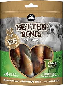 BetterBones - Spuntino morbido per cani, senza pelle grezza, rotoli avvolti con agnello con menta, 12,5 cm, confezione da 4