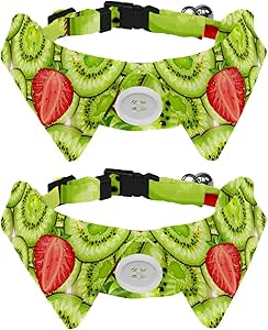 Eslifey Confezione da 2 collari per cani con papillon e campana, motivo kiwi, frutta e fragola, design regolabile, per gatti di piccola taglia