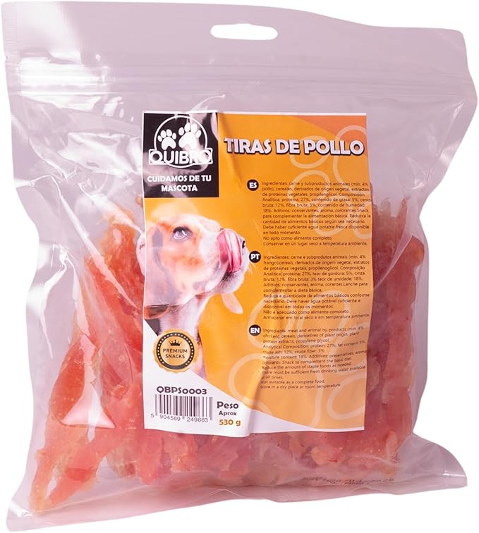 Quibropets Strisce di pollo – Chuches per cani, premi naturali senza cereali, snack per animali domestici, premi disidratati, 530 g