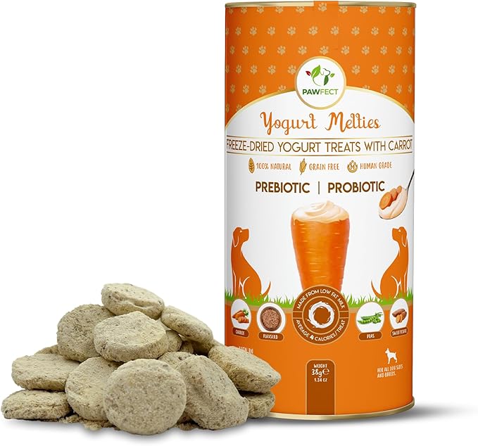 Pawfect Yogurt Melties Pre and Probiotic Dog Treats Yogurt, Carrot, Sweet Potato, Peas, Flaxseeds Healthy Gut | Low Calories | Grain & Gluten Free | Also use as Reward - Pack of 3 38 X 3=114g