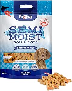 Frigera Snack per cani, Semi-Moist Soft Treats Salmone & Riso 165 g, Deliziosa ricompensa per l'allenamento e nel mezzo, Senza zucchero aggiunto