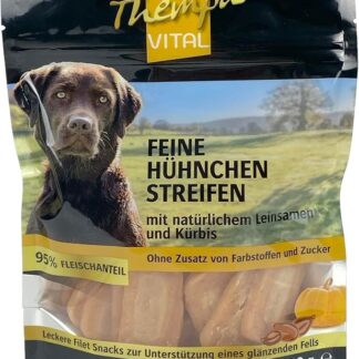 Thempa Vital - Strisce di pollo per cani con zucca e semi di lino naturale, 150 g, snack per cani