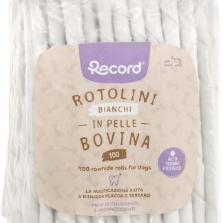 Record - Snack per Cani Stick Termoretratti in Pelle Bovina. Masticativi per Cani Proteici e Naturali, ideali per la Salute Gengivale. Realizzati con Essicazione Naturale | 100 stick Bianchi, 550 gr