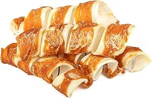 Bontoy 5 spirali da masticare in pelle bovina secca avvolte con petto di pollo, circa 300 g, lo spuntino ideale per cani I ricompensa I dolcetti I