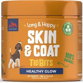 Long & Happy TidBit Skin & Coat - Dolcetti per cani 180 g, 60 pezzi, supporto per pelle bella e pelo lucido - Fonte di acidi Omega-3 - Idratante e protezione della pelle